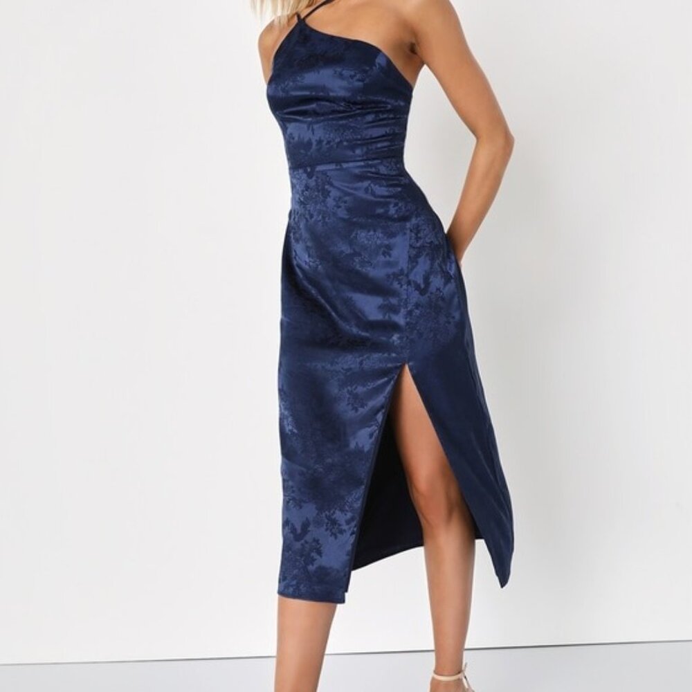 Lulus Desirable Dream Navy Blue Satin Jacquard Halter Neck Midi Dress - Size M